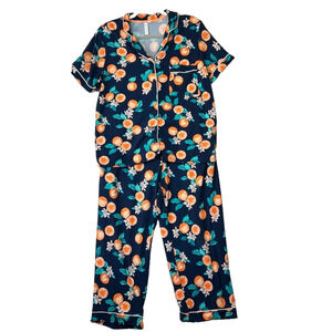 Joyspun Pajama Set Blue Orange Citrus Floral Print Sleepwear Women's Size L